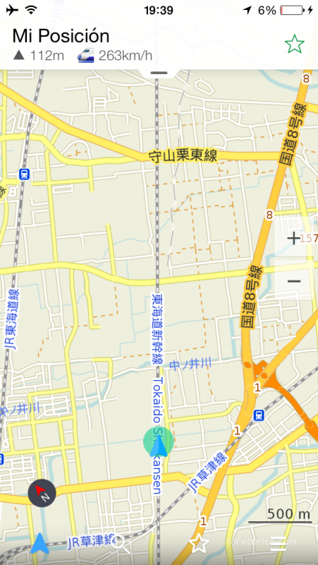 Velocidad del Shinkansen, tren bala japonés, en el GPS de Maps.Me en el iPhone